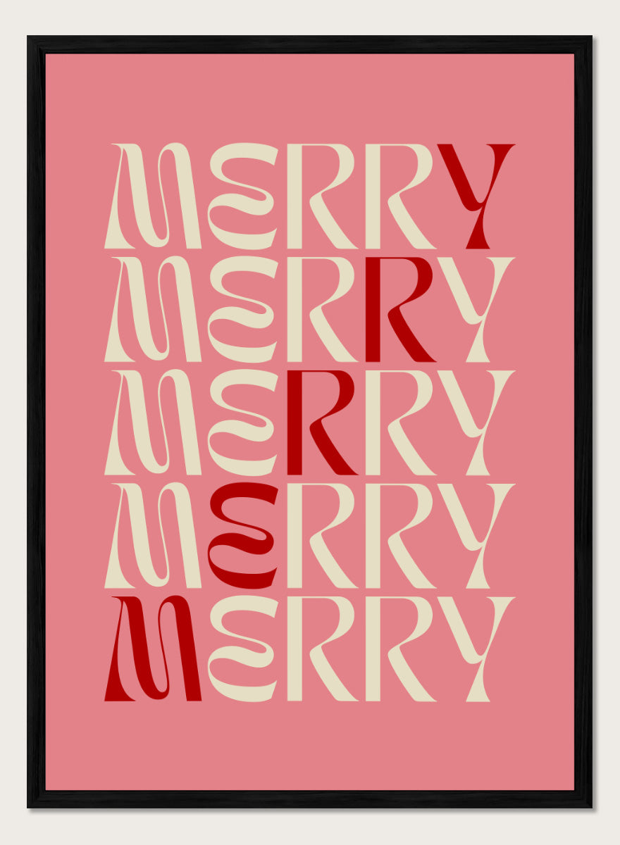 Shop Festive Merry Typography by Dominique Vari, a retro Christmas wall art print poster featuring repeated “Merry” lettering in pink, cream, and red.