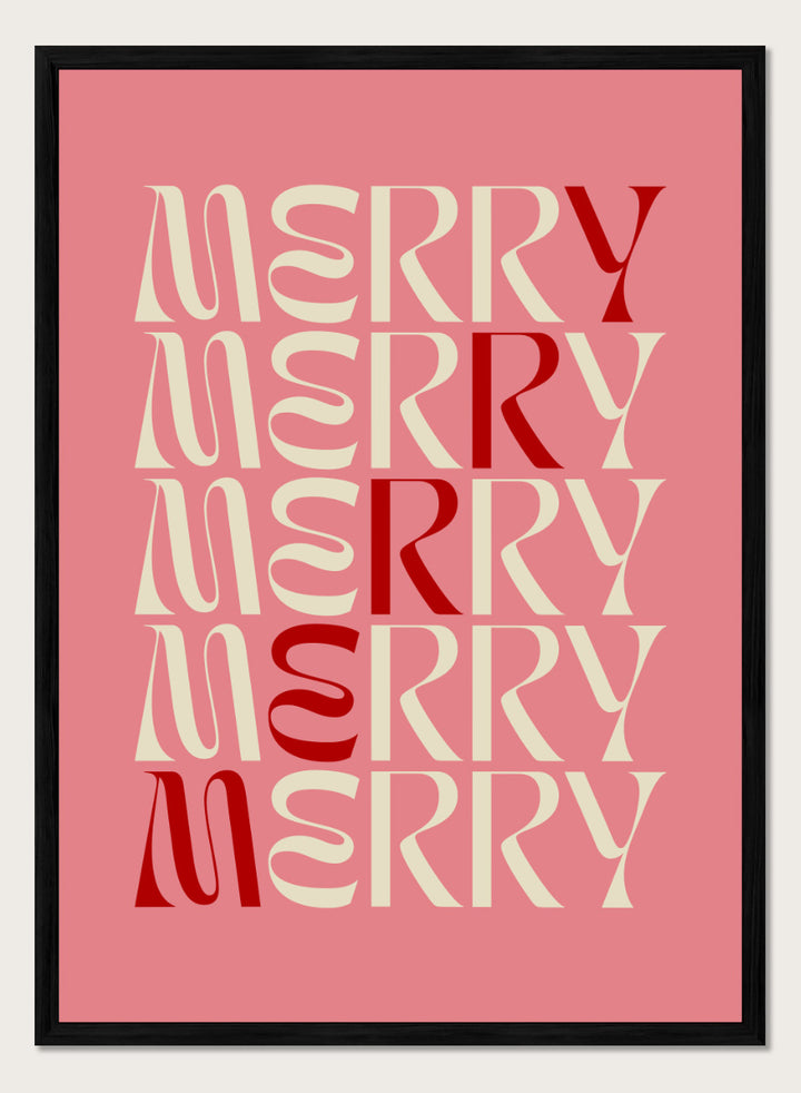 Shop Festive Merry Typography by Dominique Vari, a retro Christmas wall art print poster featuring repeated “Merry” lettering in pink, cream, and red.