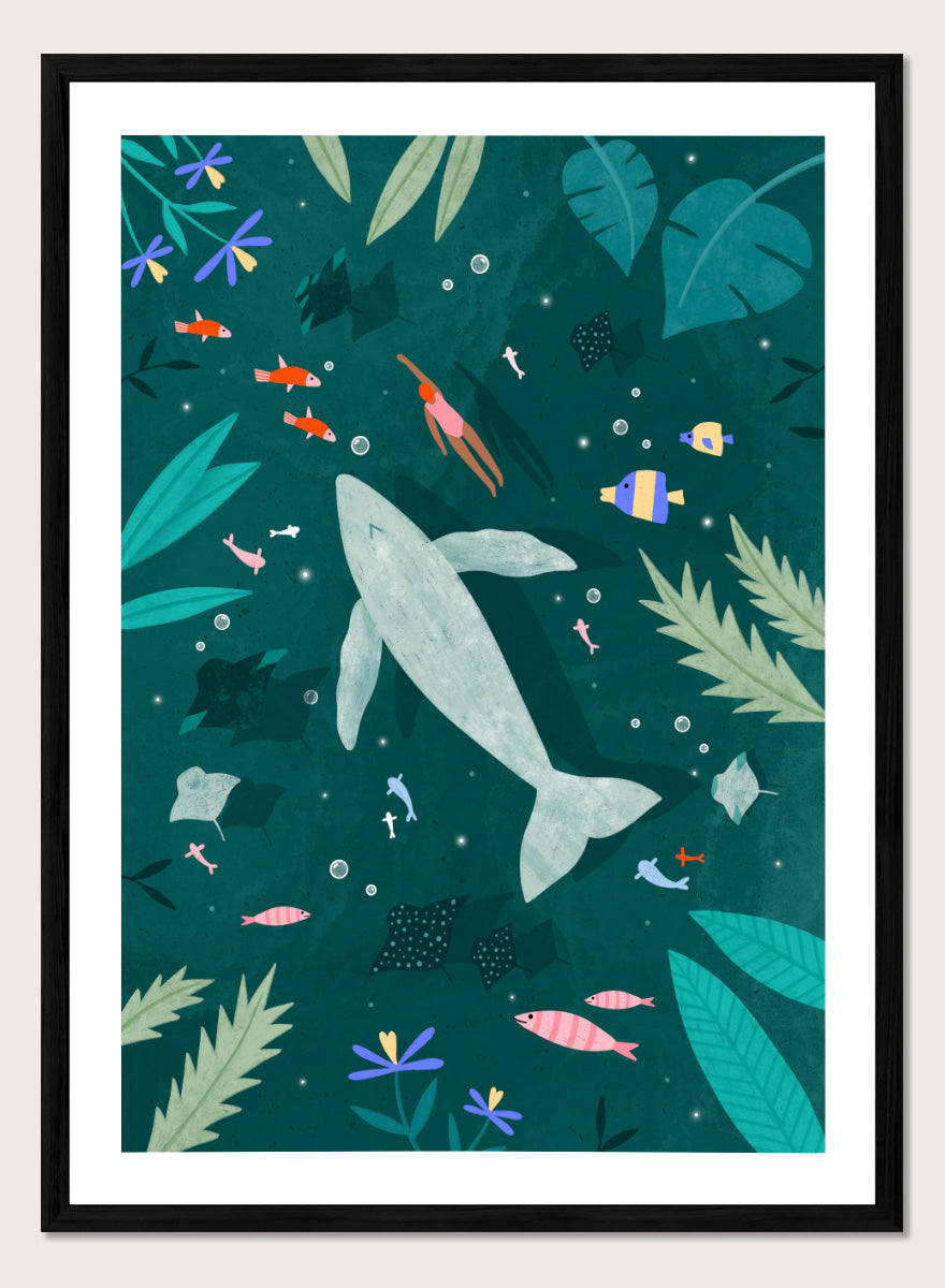Shop Peaceful Ocean Encounter by Bea Müller, an ocean wall art print poster featuring a swimmer, whale, tropical fish, and whimsical underwater scenery in teal.