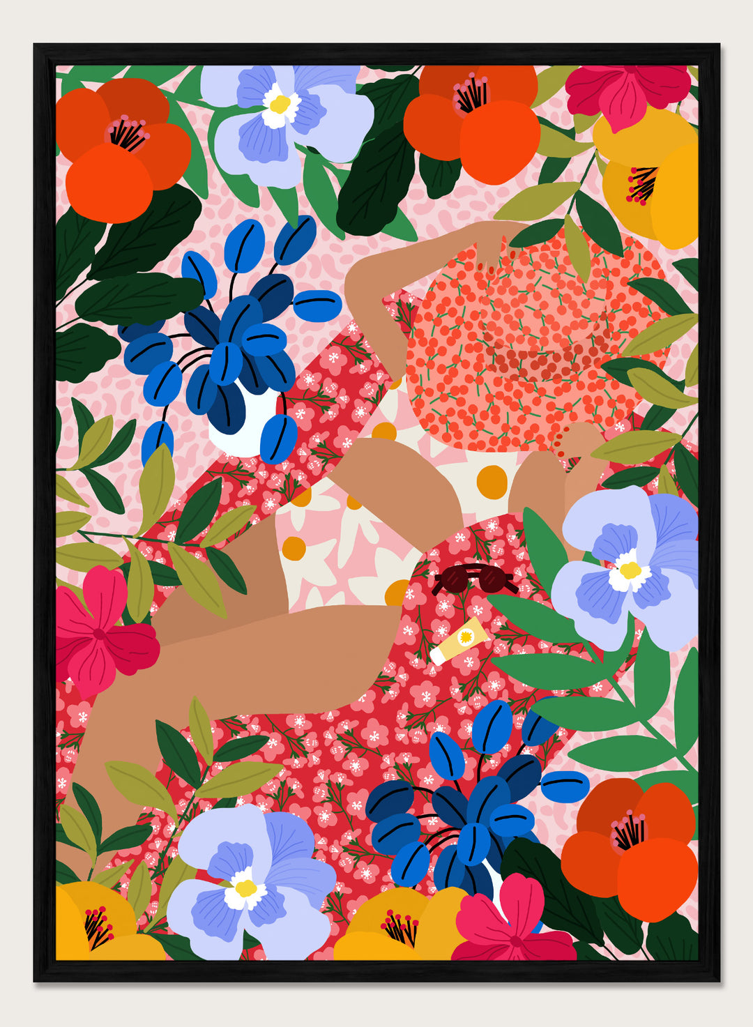 Colorful floral pattern with abstract shapes on a pink background. Sleeping Under the Sun by Rafaela Mascaro is a vibrant floral art print filled with bold colors, botanical details, decorative patterns, and summer warmth.