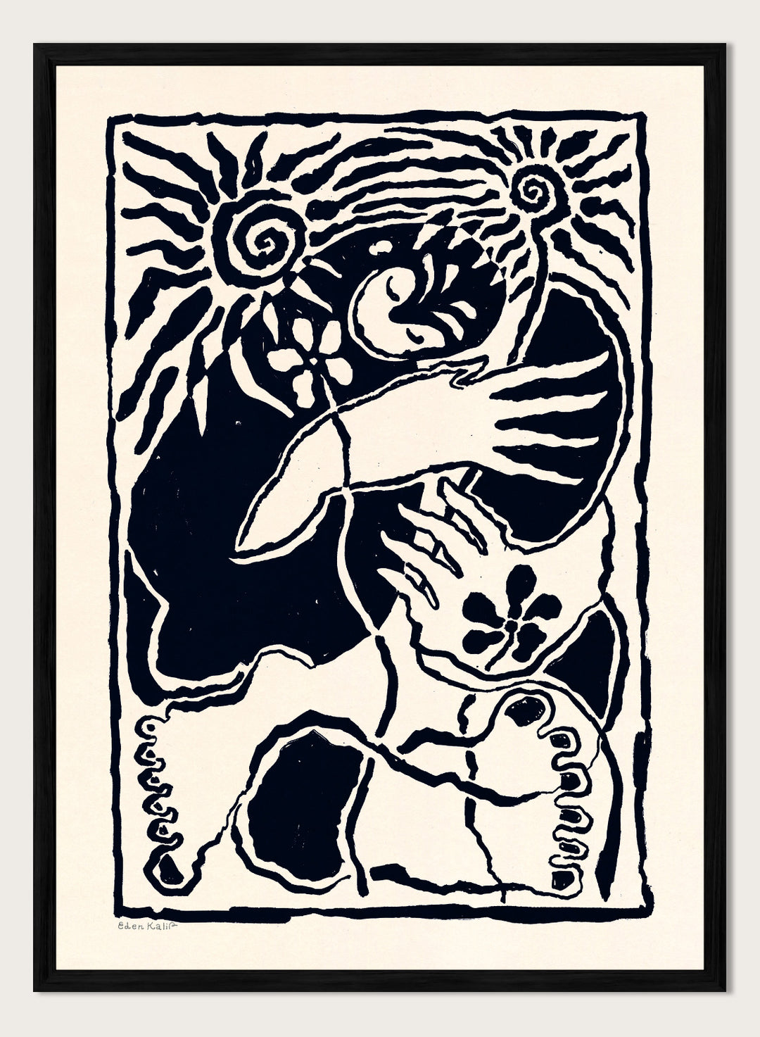 Black and white artwork of a stylized figure with abstract patterns. Protection Black by Eden Kalif is a modern abstract figurative art print in bold black, a contemporary aesthetic wall poster with expressive shapes and symbolic elements.