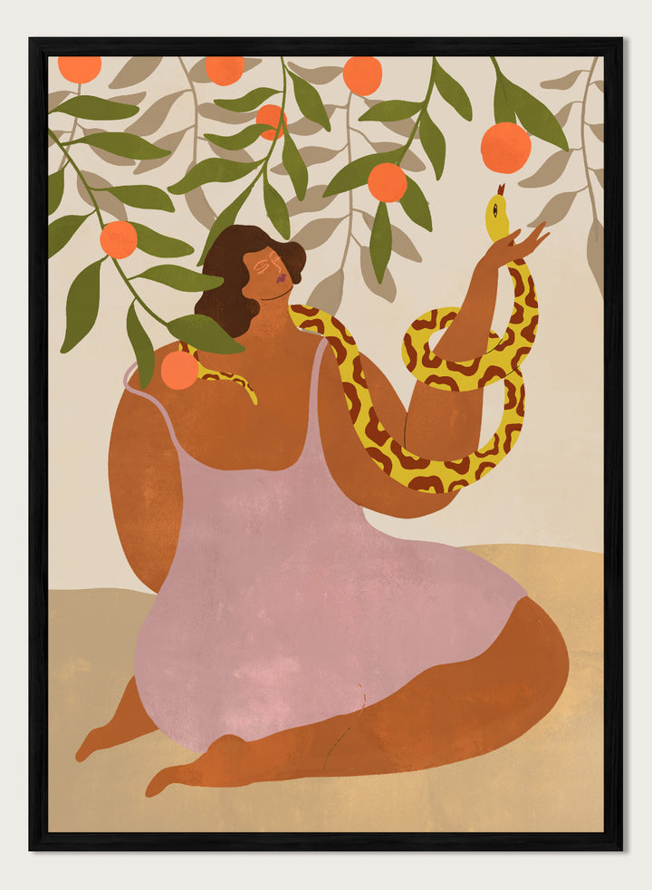 Illustration of a woman holding a snake with oranges and leaves in the background. Eden’s Embrace by Arty Guava art print featuring woman with snake under orange tree branches, tropical nature illustration, and vibrant contemporary wall art poster.