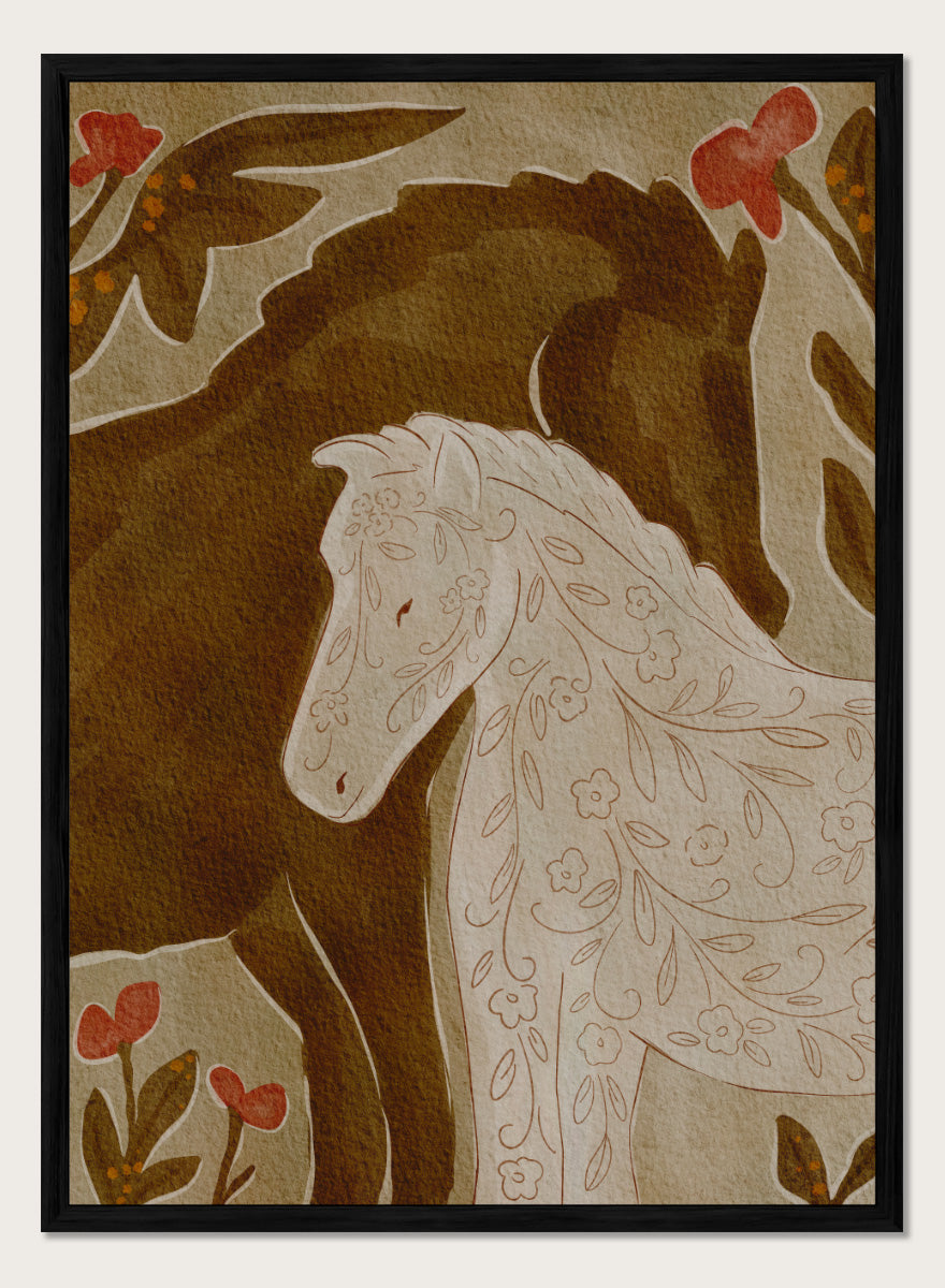 Shop Gentle Floral Horses by Nikita Jariwala, a decorative horse wall art print featuring two horses, botanical pattern, folk-inspired detail, and warm earthy tones.