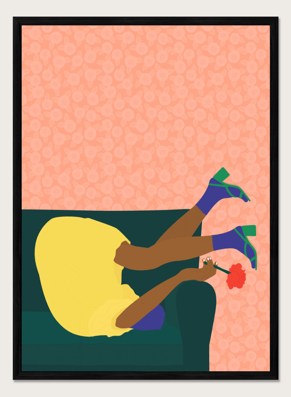 Illustration of a person sitting on a couch with a flower, against a patterned pink background. New Year’s Eve by Jota De Jai is a playful modern fine art print of a woman upside down on a couch in heels and a yellow dress. Available framed or unframed.