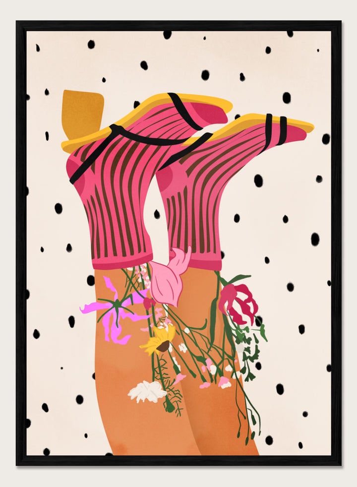 Illustration of a person wearing a pink top with floral accessories on a polka dot background. Floral Step Delight by Gauri Mokate is an officially licensed art print featuring a fashion-inspired illustration with florals, bold colors, and modern graphic style.