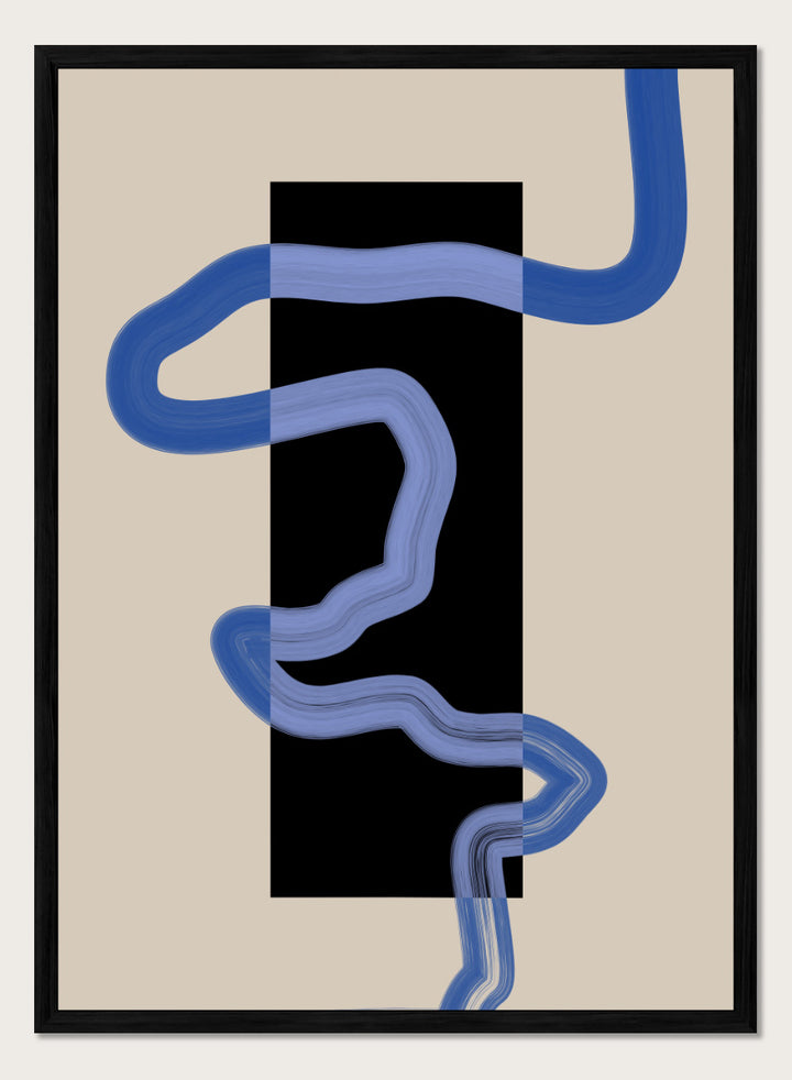 Shop Flowing Blue Lines Rectangle by Elena Ristova, a modern abstract wall art print poster with painted blue lines, a black rectangle, and cream tones.