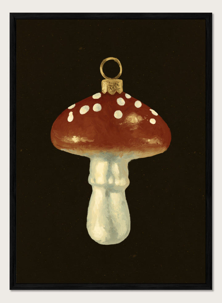 Shop Festive Mushroom Ornament by NKTN, a Christmas wall art print poster featuring a red-and-white mushroom ornament with vintage woodland holiday charm.