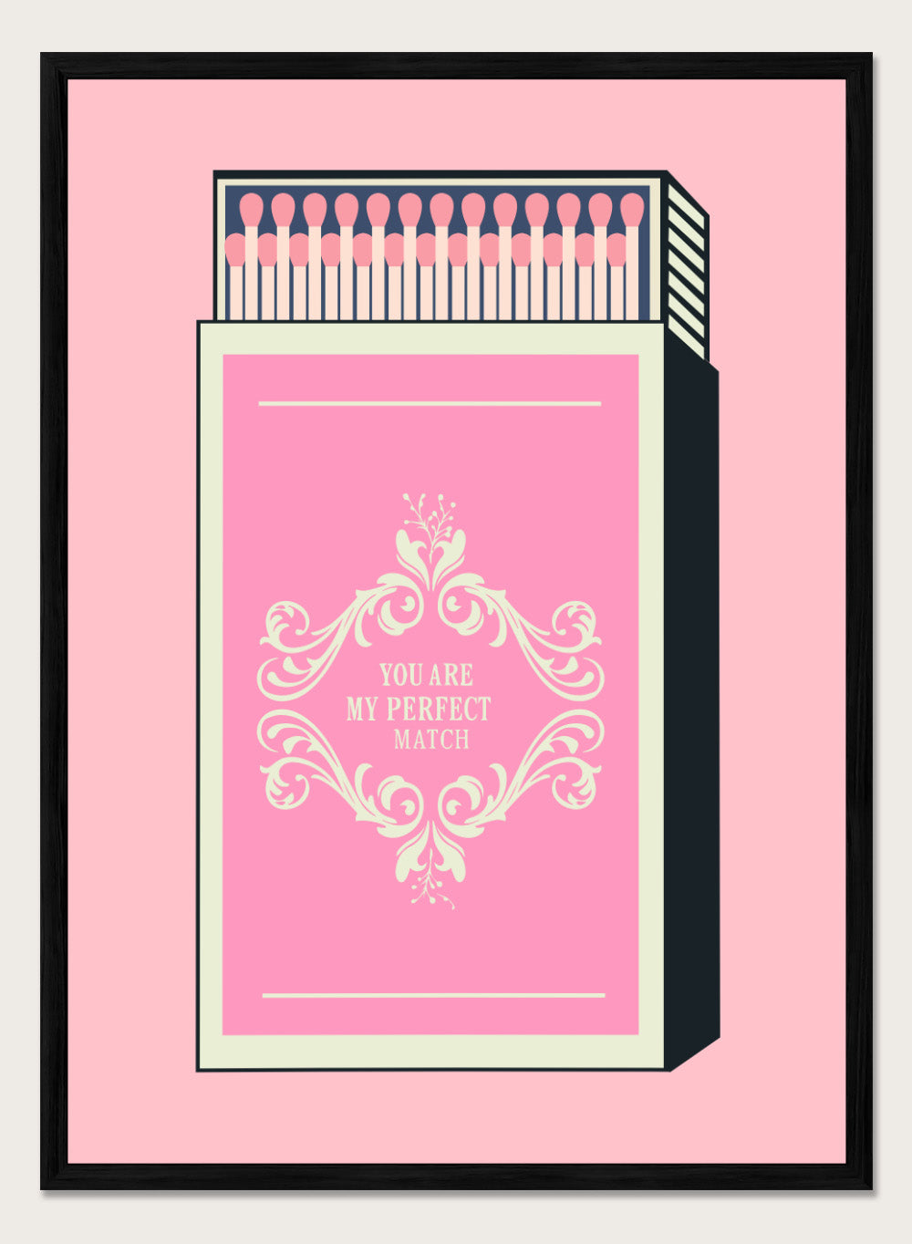 Matchbox with decorative design and text on a pink background. My Perfect Match by Andreas Magnusson is an officially licensed art print featuring a pink matchbox and playful typography. Modern graphic love poster.