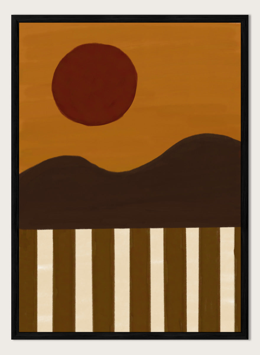 A minimalist abstract landscape art print featuring a dark brown sun over a wavy horizon, with vertical brown and cream stripes at the bottom. Minimalist Desert Sun by The Art Concept landscape art print featuring a red sun, dark rolling hills, warm ochre tones, and bold vertical stripes.