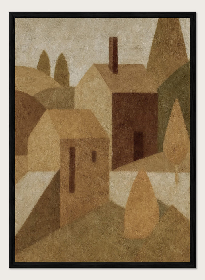 An abstract cubist-style landscape painting featuring geometric houses, trees, and hills in muted beige, brown, tan, and olive tones. Shop Cottage by Dan Hobday, a contemporary landscape painting art print featuring abstract village cottages, tall trees, layered hills, and warm earthy tones.