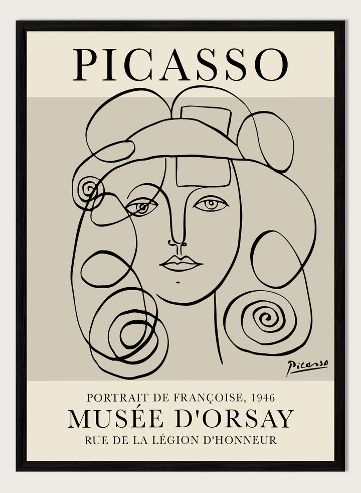 Inspired by Pablo Picasso's original line drawing artwork, this signed lithograph wall art print showcases a portrait of Francoise Gilot 1946 (Portrait de Françoise) in one line art against a white background. This vintage museum exhibition poster by Musee D'orsay is perfect for any boho, retro, or minimalist space.
