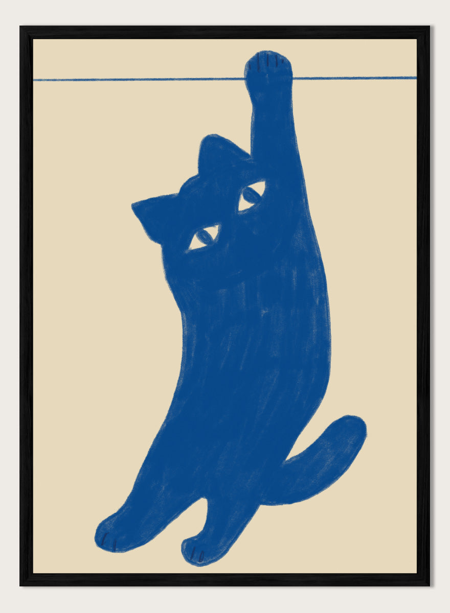 A stylized blue cat silhouette hanging from a thin horizontal line on a warm beige background. Hanging Blue Cat by The Art Concept is a playful cat art print featuring a blue cat dangling from one paw against a warm cream background.