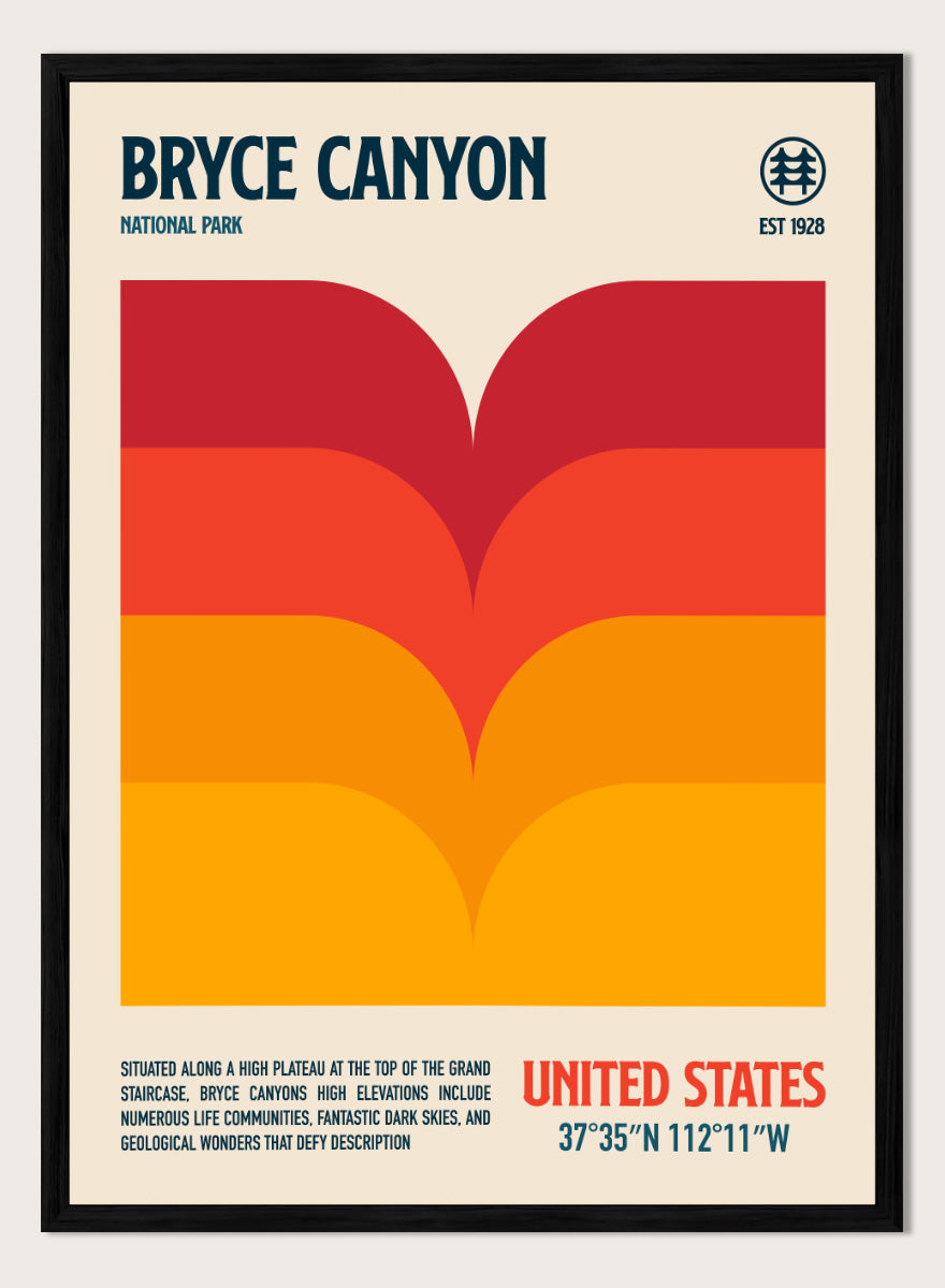 A retro-style poster for Bryce Canyon National Park with a cream background, a large abstract canyon landscape graphic in red, orange, and yellow, and text reading &