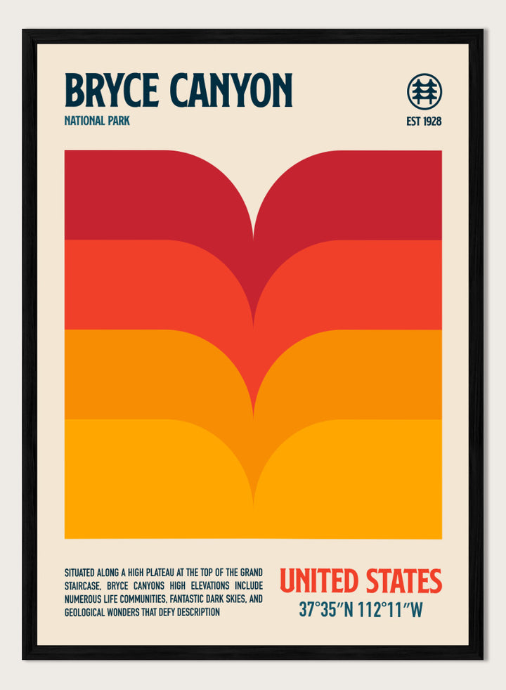 A retro-style poster for Bryce Canyon National Park with a cream background, a large abstract canyon landscape graphic in red, orange, and yellow, and text reading &