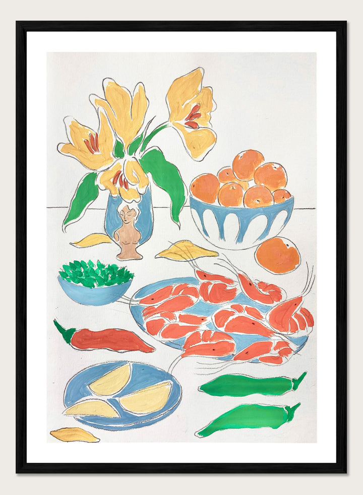 A framed still life art print featuring yellow tulips in a blue vase, bowls of oranges, red shrimp, green peppers, and yellow lemon wedges. Shop Fresh Flowers and Feast by Rushati Chowdhury, a colorful food and floral art print featuring shrimp, oranges, peppers, greens, lemon, and yellow flowers.