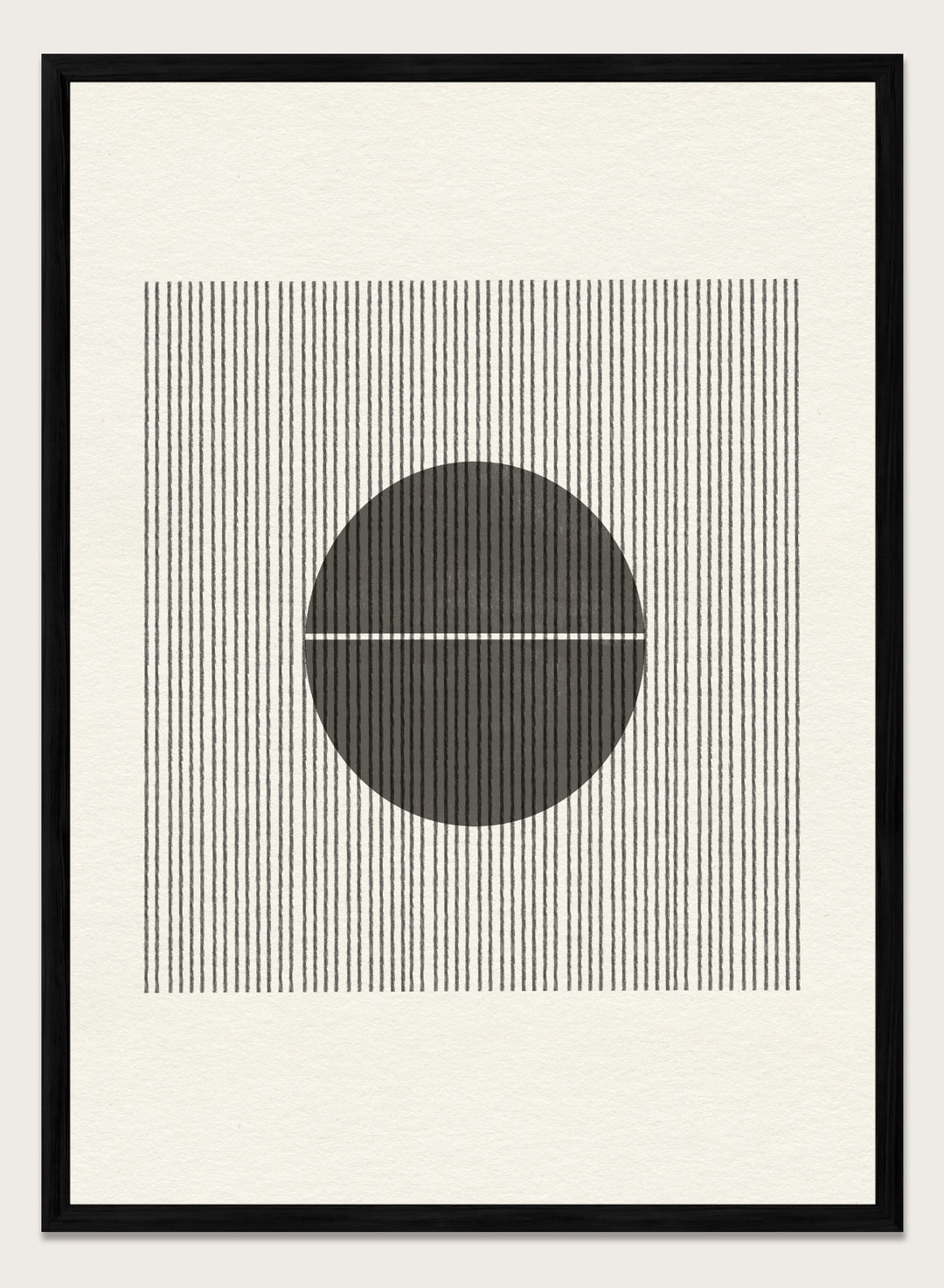 Geometric design with a circle and horizontal line on a striped background. Line and Circle Harmony by The MIUUS Studio is a minimalist abstract art print and wall poster featuring geometric linework, bold contrast, and modern black and white design.
