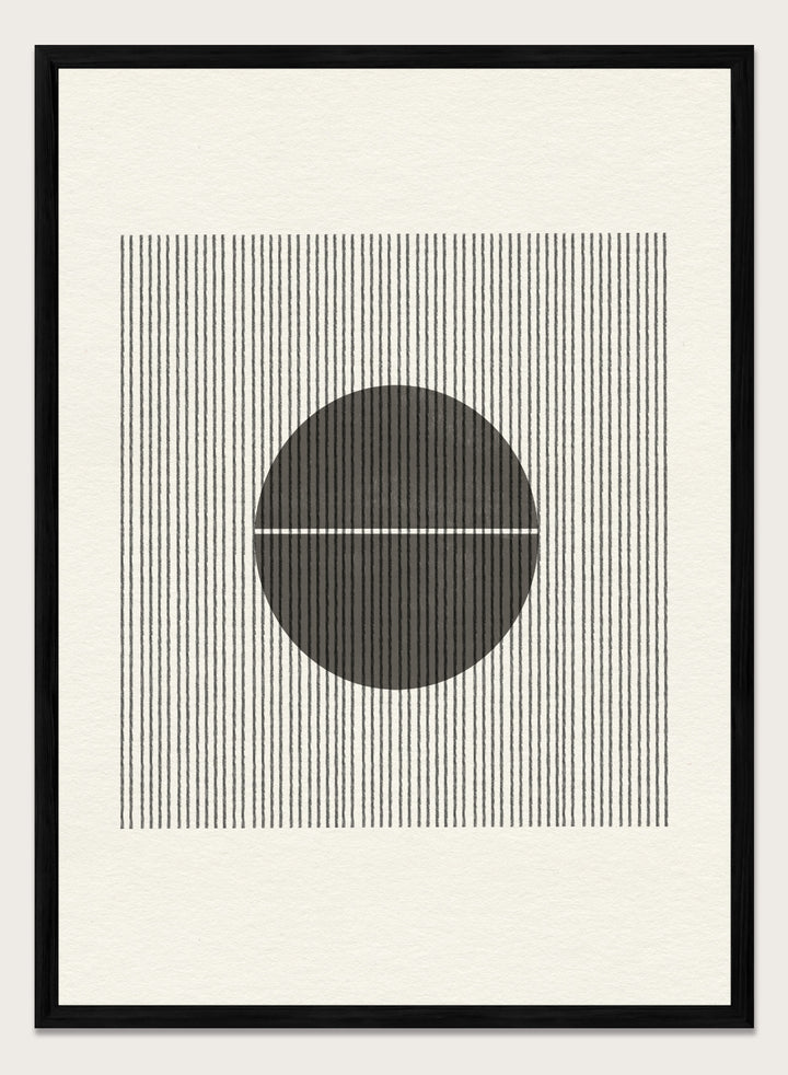 Geometric design with a circle and horizontal line on a striped background. Line and Circle Harmony by The MIUUS Studio is a minimalist abstract art print and wall poster featuring geometric linework, bold contrast, and modern black and white design.