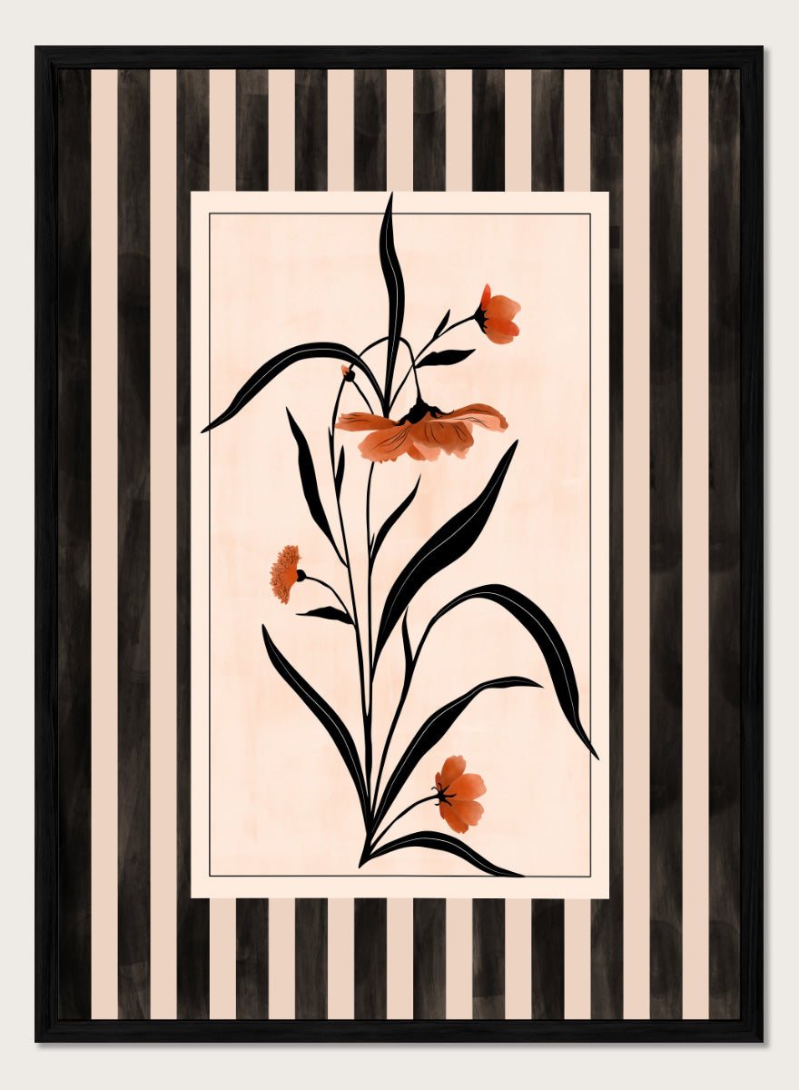 Shop Terracotta Floral Stripes by Elena Ristova, a modern floral wall art print poster featuring terracotta flowers, black leaves, and bold striped borders.