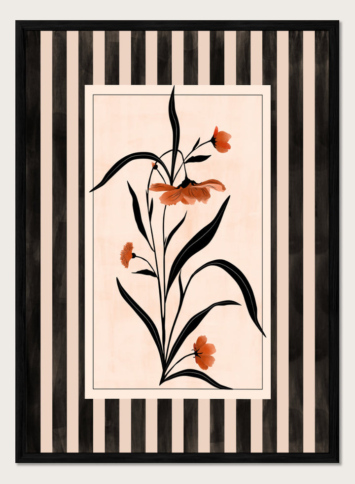 Shop Terracotta Floral Stripes by Elena Ristova, a modern floral wall art print poster featuring terracotta flowers, black leaves, and bold striped borders.