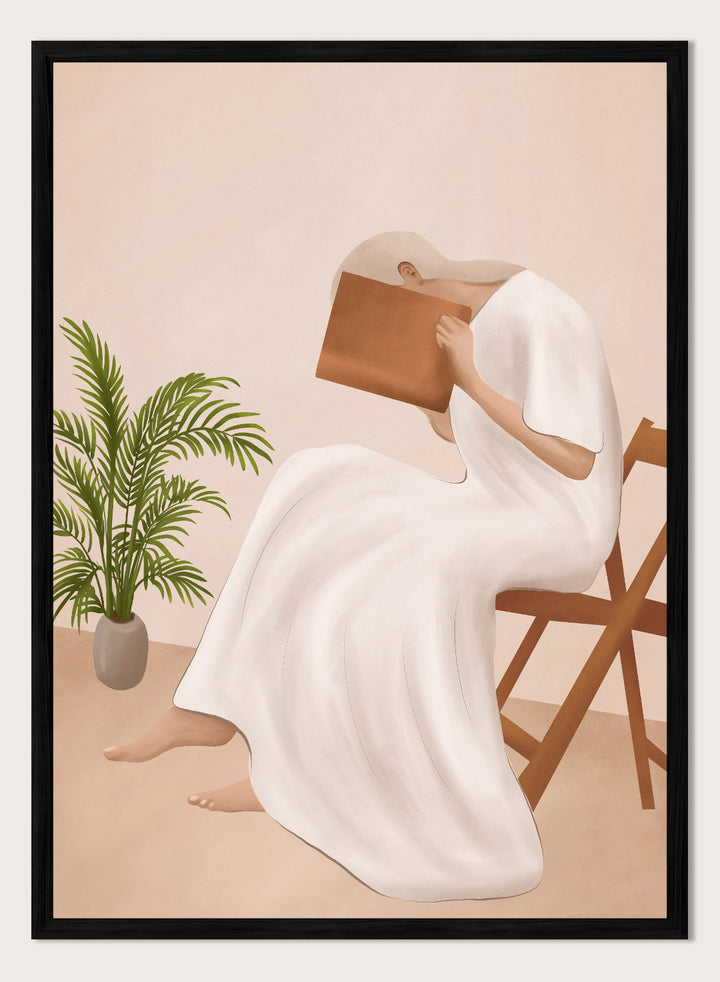 Person in a white dress holding a book, sitting on a chair with a plant nearby. Serene Woman Reading by City Art is a minimalist figurative art print featuring a woman reading in a flowing white dress with warm neutral tones and botanical details.