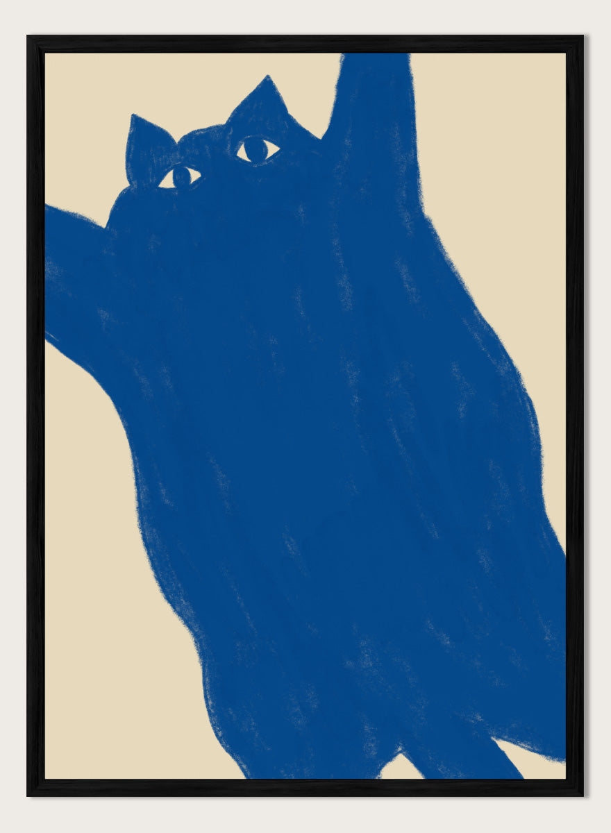A minimalist art print featuring a bold blue cat silhouette with white eyes on a warm beige background. Playful Blue Cat by The Art Concept is a modern cat art print featuring a bold blue feline, oversized crop, and warm cream background.