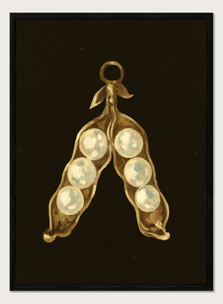 Shop Golden Pea Pod Pearls Ornament by NKTN, a whimsical Christmas wall art print poster featuring golden pea pods, pearl-like peas, and vintage ornament style.