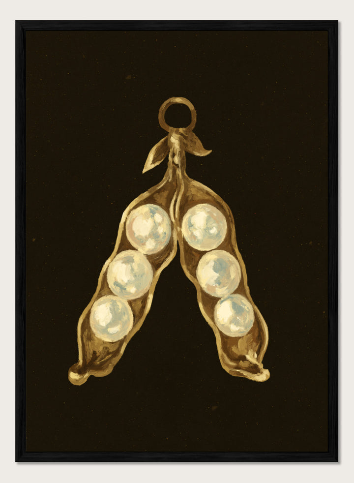 Shop Golden Pea Pod Pearls Ornament by NKTN, a whimsical Christmas wall art print poster featuring golden pea pods, pearl-like peas, and vintage ornament style.