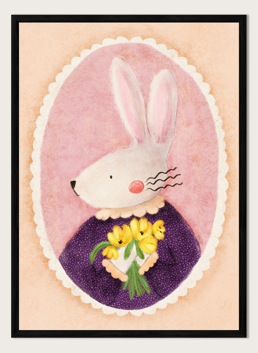 A framed art print featuring a whimsical illustration of a white rabbit in a purple dress holding yellow flowers, set against a pink oval background. Shop Charming Bunny With Tulips by Dirkie Nell, a playful animal portrait art print featuring a white bunny, yellow tulips, purple dress, and soft pink tones.