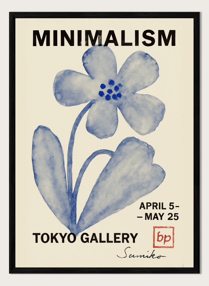 A minimalist art poster featuring a blue watercolor flower illustration on a cream background, with bold black text reading &