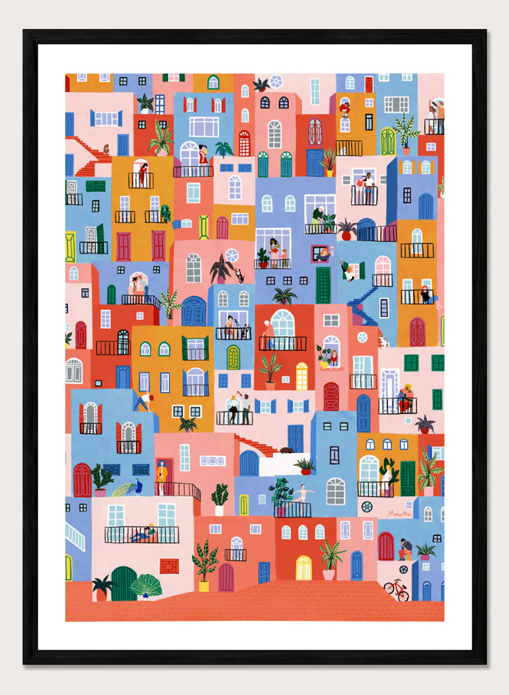 A framed art print featuring a colorful, whimsical illustration of Mediterranean-style buildings with people, animals, and plants. Colorful Town Life by Ceyda Alasar city art print featuring vibrant buildings, balconies, neighbors, plants, and lively urban details in bold color.