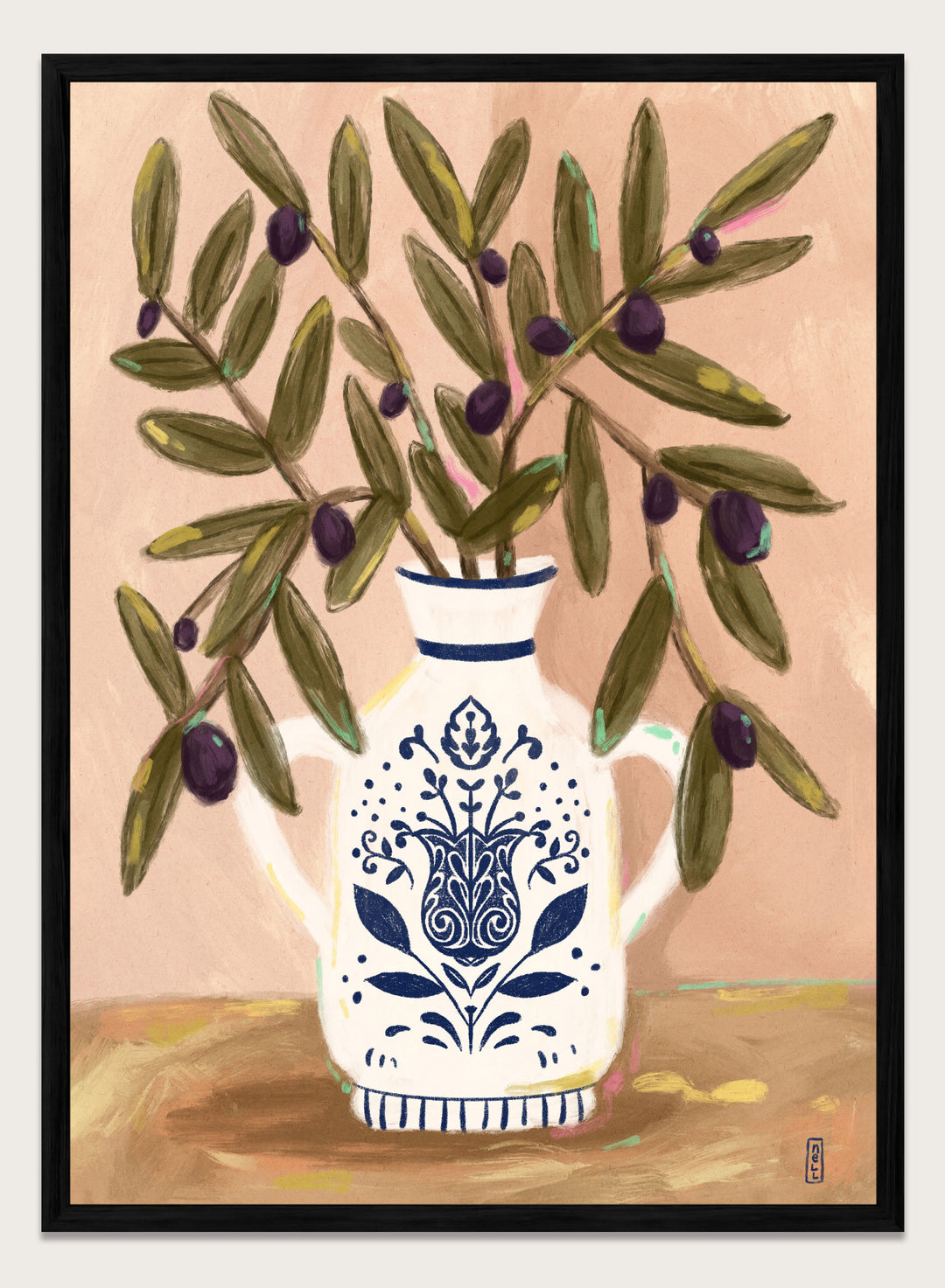 Olive Branches In a Pot by Dirkie Nell is a modern botanical art print featuring olive branches, ceramic vase illustration, and Mediterranean inspired wall art.