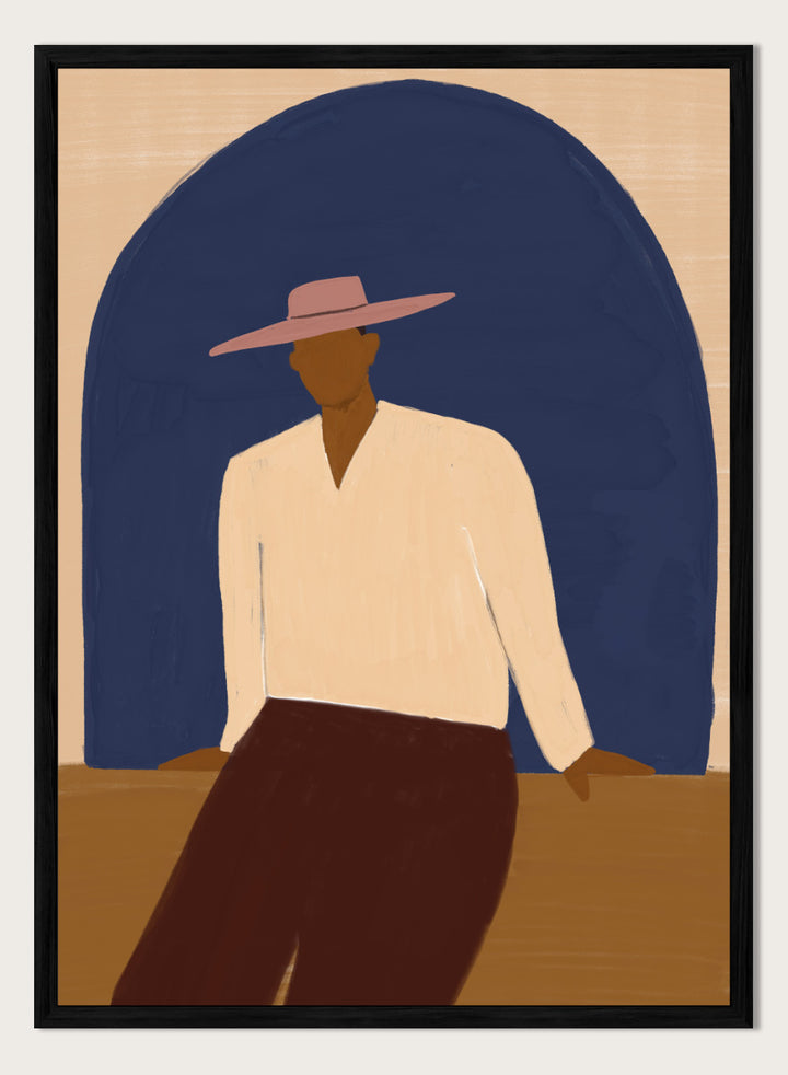 A stylized art print depicting a seated figure in a wide-brimmed pink hat, cream shirt, and dark brown trousers against a large dark blue arch on a beige background. Man In Blue Arch by The Art Concept portrait art print featuring a lone figure beneath a deep blue arch in warm earthy tones.