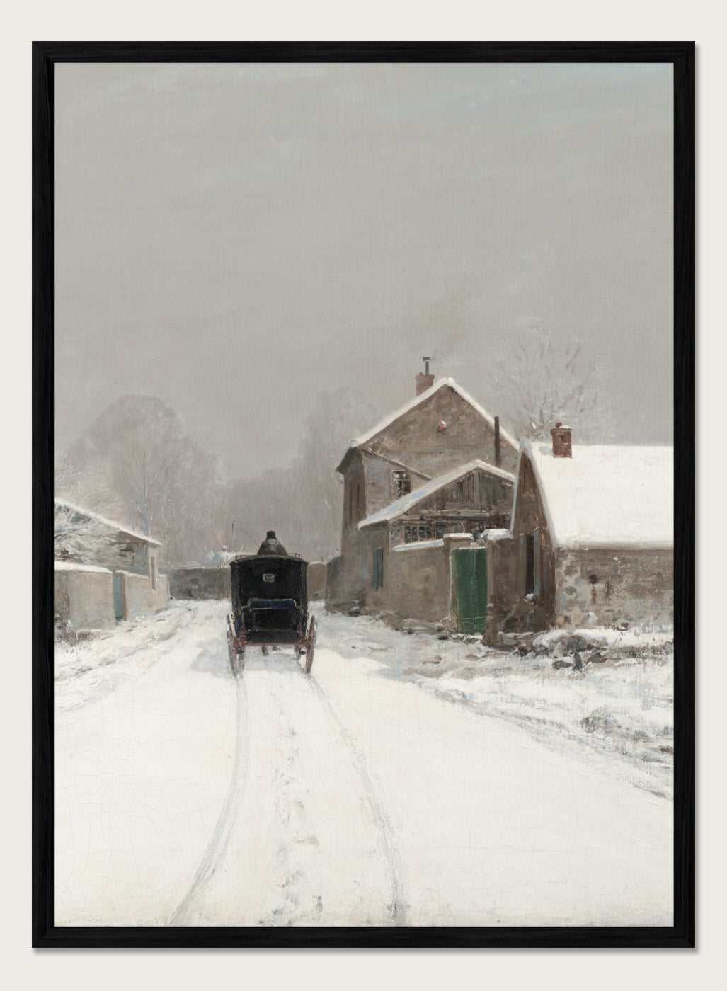 Featuring Luigi Loir's original vintage artwork "L'Avenue de Neuilly on a Winter Day", this vintage rustic Snow Village Town Winter Landscape wall art print poster showcases a classic rustic antique style that is perfect for any boho or modern farmhouse inspired space with muted or neutral colors. 