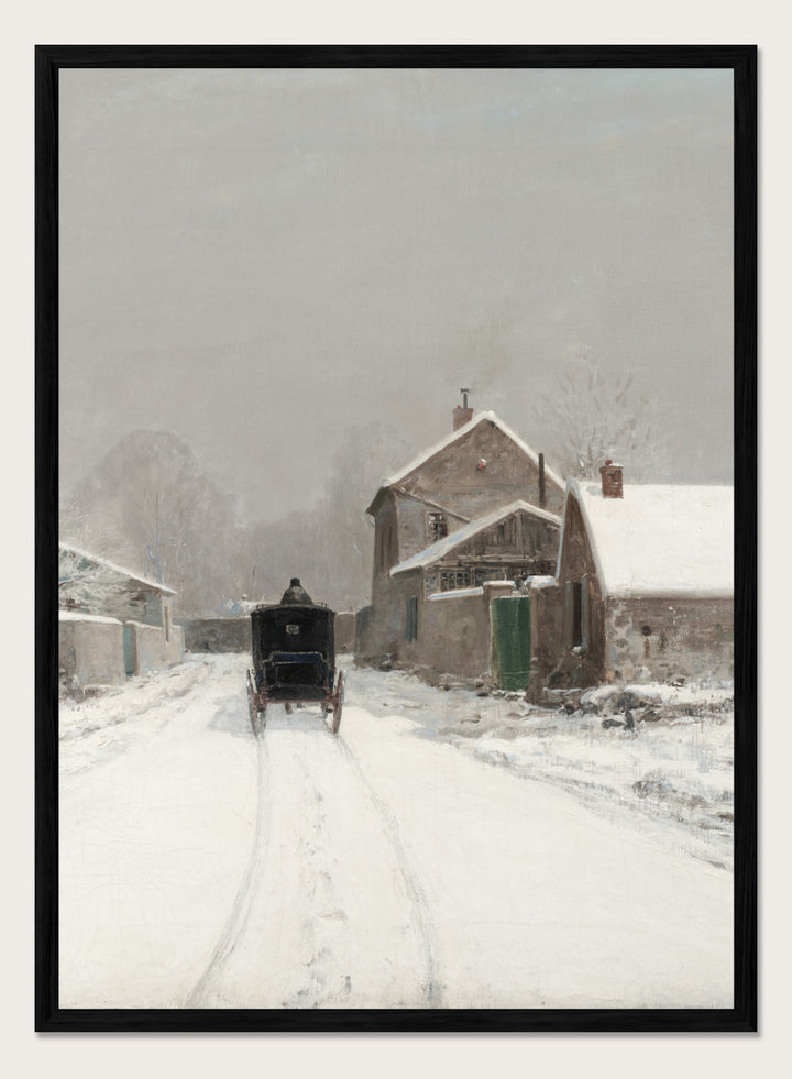 Featuring Luigi Loir's original vintage artwork "L'Avenue de Neuilly on a Winter Day", this vintage rustic Snow Village Town Winter Landscape wall art print poster showcases a classic rustic antique style that is perfect for any boho or modern farmhouse inspired space with muted or neutral colors. 