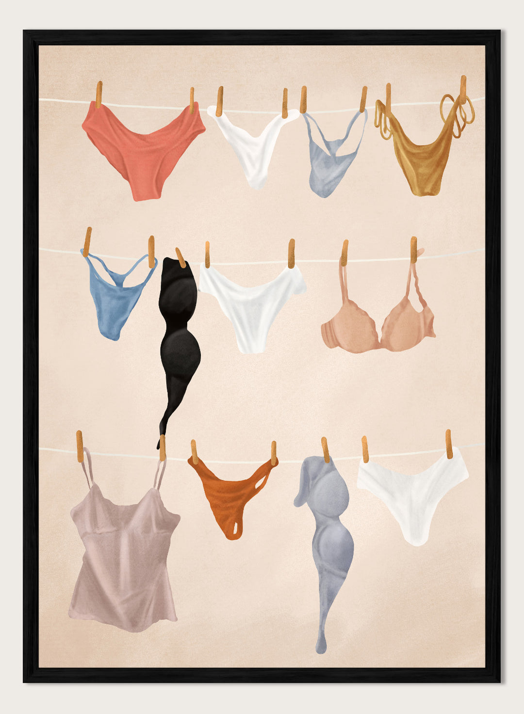 Colorful lingerie hanging on a line against a beige background. Lingerie On The Line by Flow Line is a playful summer art print featuring colorful garments drying in the sun, perfect for bedrooms, dressing rooms, and modern interiors.