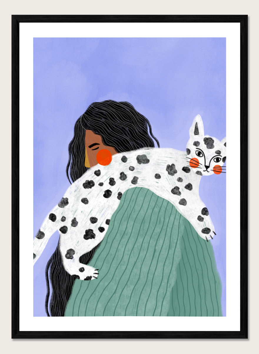 A framed art print featuring a stylized illustration of a woman with long black hair carrying a white cat with black spots over her shoulder, set against a lavender background. Woman and Spotted Cat by Bea Müller animal art print featuring a woman carrying a playful spotted cat, perfect for modern cat lover and pet decor.