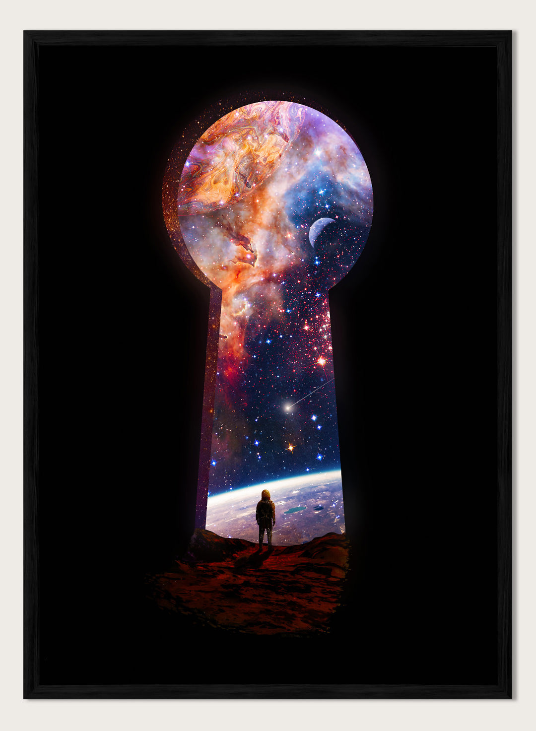 Keyhole-shaped portal to space with a silhouette of a person looking into it. The Cosmic Keyhole by Nicebleed is a surreal space art print featuring an astronaut looking through a cosmic keyhole, modern aesthetic wall poster.