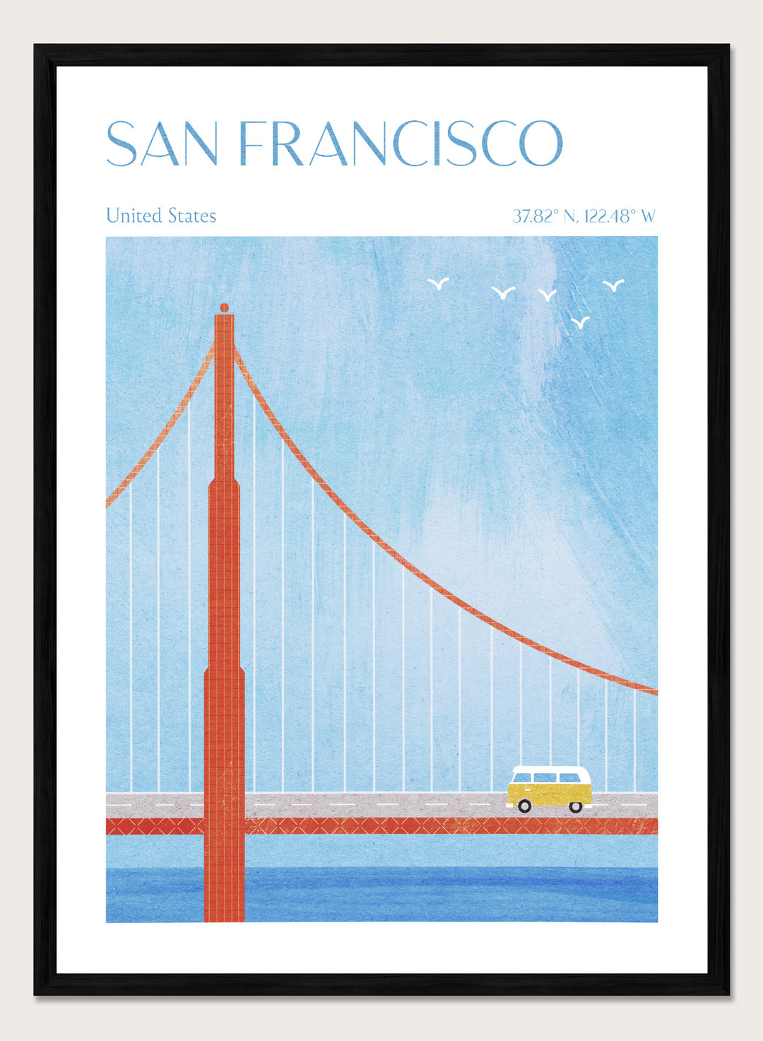 Illustration of the Golden Gate Bridge with a van and birds in San Francisco, United States. Golden Gate San Francisco by Longwayhome is a minimalist travel art print featuring the Golden Gate Bridge, coastal California scenery, and modern mid century inspired design.