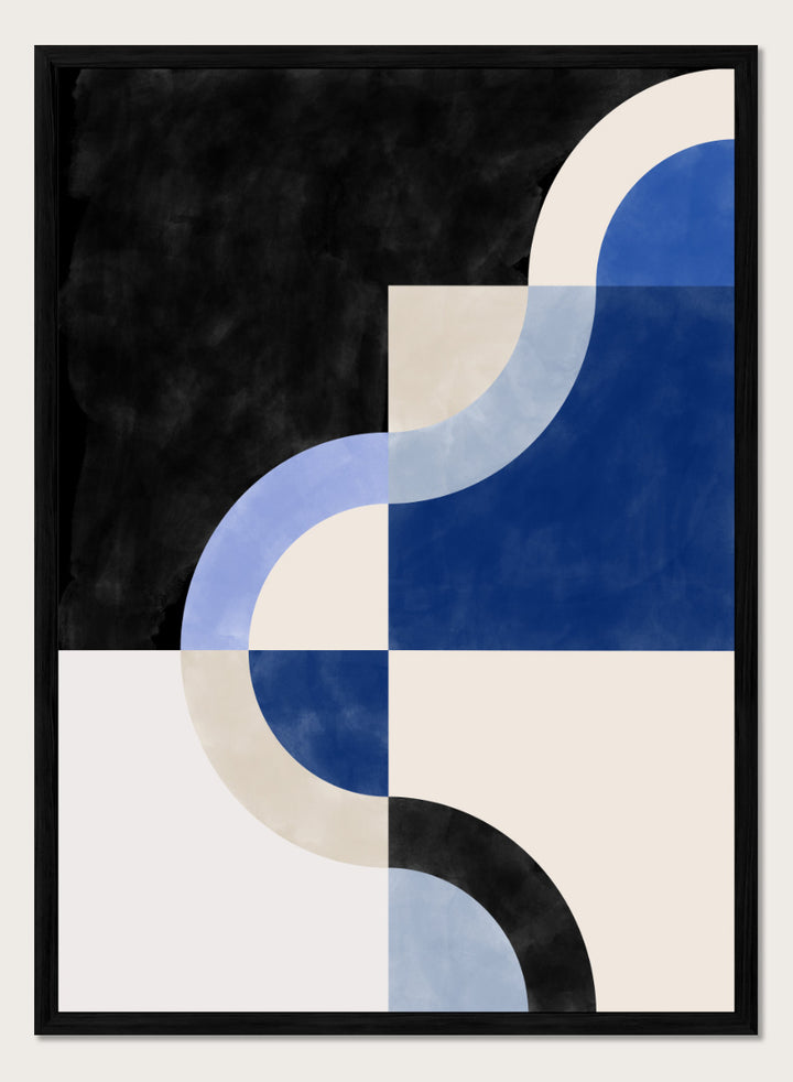 Shop Abstract Curves Flow by Elena Ristova, a modern abstract wall art print poster featuring sweeping blue curves, cream blocks, and bold black accents.