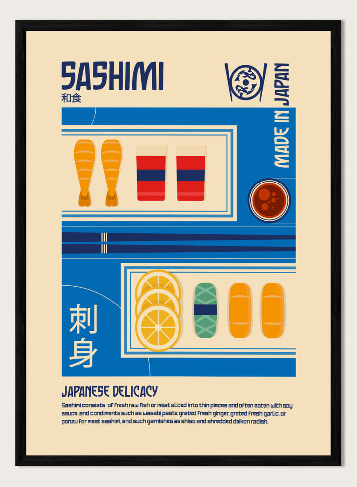 A stylized travel poster of Japanese Sashimi, featuring flat vector illustrations of raw fish, washi tape, soy sauce, and lemon slices on a beige background with blue and white graphic panels. Japanese Sashimi Delicacy by Retrodrome kitchen art print featuring sashimi, soy sauce, citrus, bold retro typography, and vintage Japanese-inspired design.
