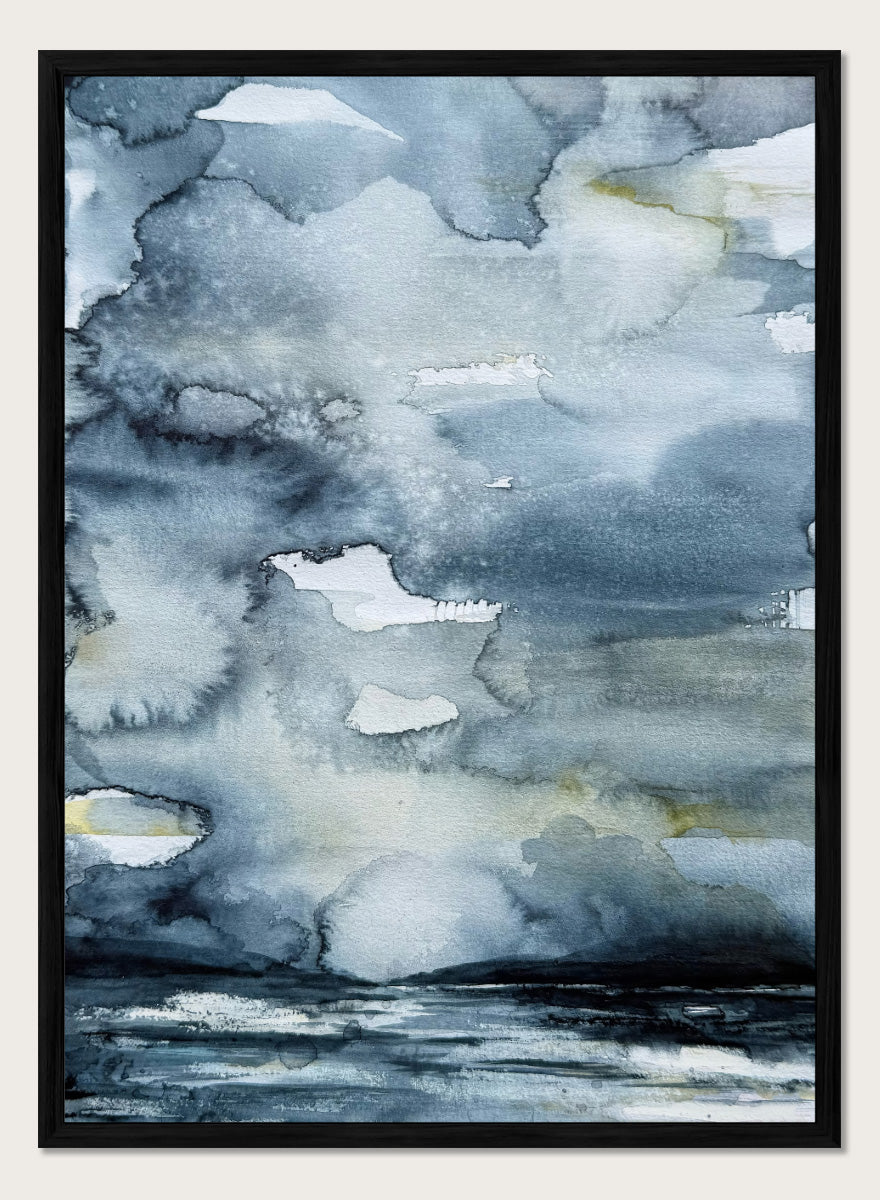 Shop Moody Sea Horizon by Helena Ryhle, a watercolor sea landscape wall art print poster with a blue-grey horizon and atmospheric coastal mood.