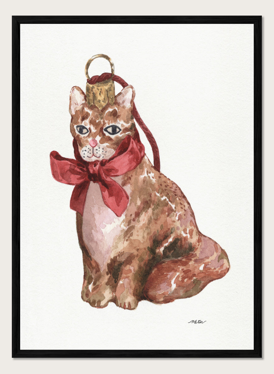 Shop Charming Cat Ornament by NKTN, a festive cat wall art print poster featuring a brown tabby with an oversized red bow and watercolor holiday style.