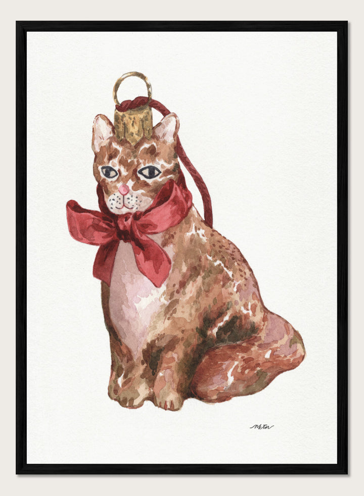 Shop Charming Cat Ornament by NKTN, a festive cat wall art print poster featuring a brown tabby with an oversized red bow and watercolor holiday style.