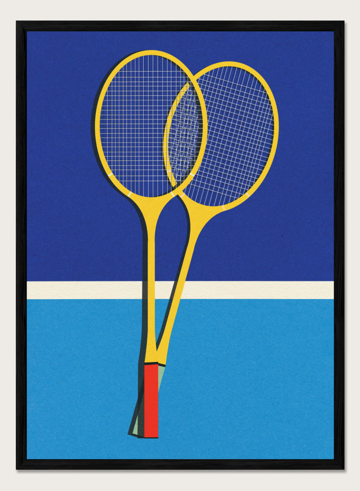 Two yellow badminton rackets on a blue background with a white stripe at the bottom. Wooden Badminton Rackets by Rosi Feist is a modern minimalist fine art print featuring bold yellow rackets on a graphic blue court. Officially licensed wall poster with optional artisan framing.