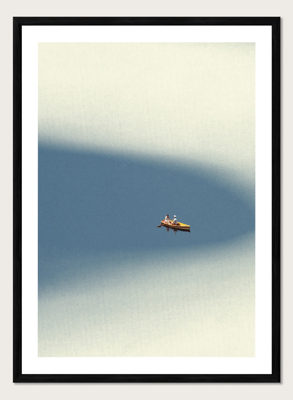 Happy Memories by Maarten Léon is an officially licensed art print featuring a minimalist boat scene with soft blue tones and open water. Available as a premium fine art print with optional real wood framing.
