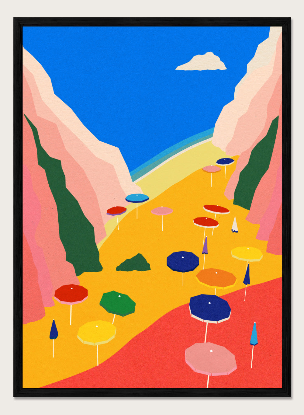 Colorful umbrellas on a red and yellow landscape with mountains and blue sky. Lido Liguria by Rosi Feist is a modern coastal art print with bold Mediterranean color, beach umbrellas, and minimalist Italian travel poster style.
