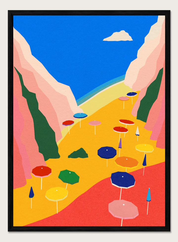 Colorful umbrellas on a red and yellow landscape with mountains and blue sky. Lido Liguria by Rosi Feist is a modern coastal art print with bold Mediterranean color, beach umbrellas, and minimalist Italian travel poster style.