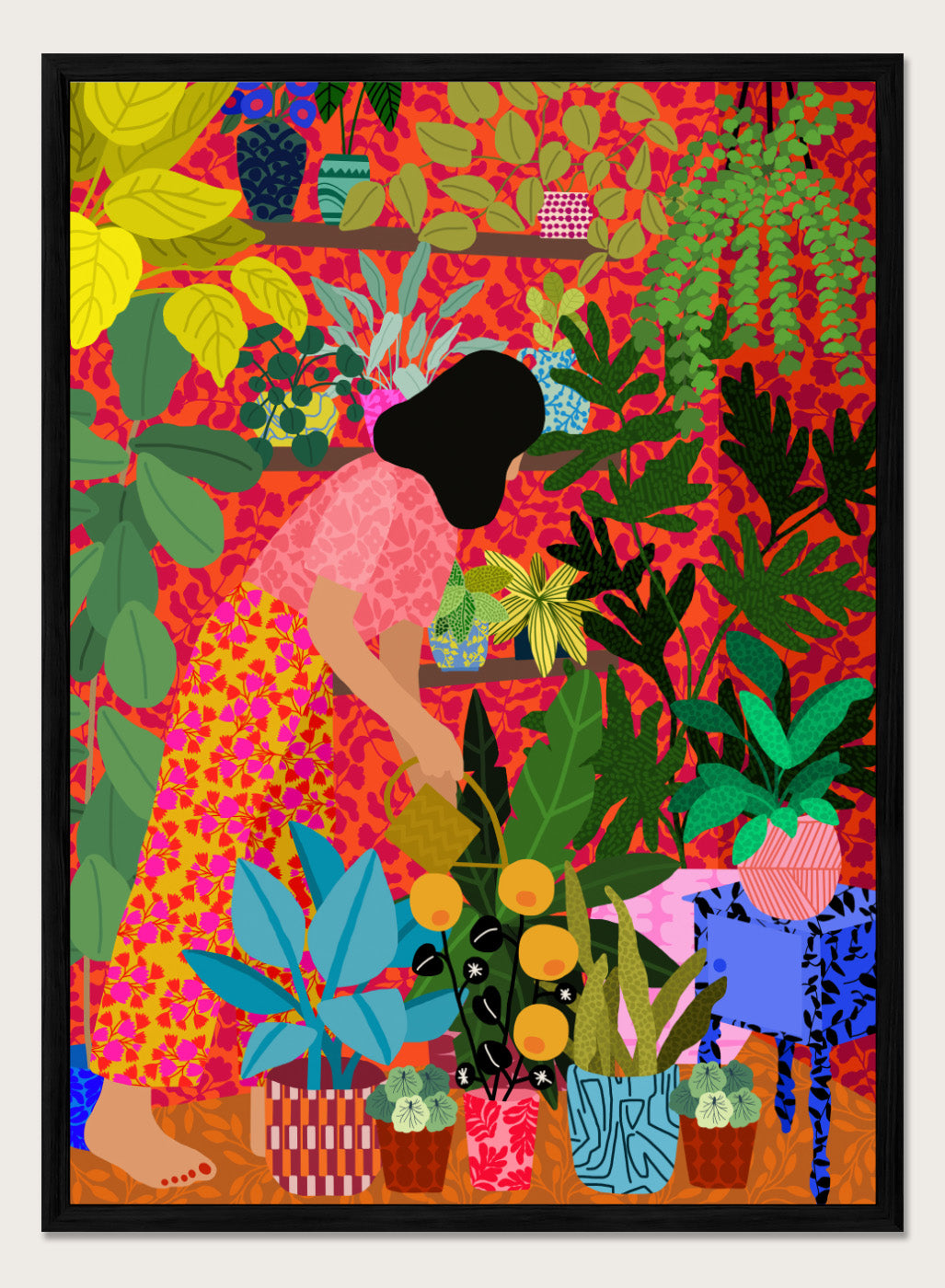 Colorful illustration of a person tending to plants with a vibrant background. Watering My Plants by Rafaela Mascaro fine art print featuring bold botanical interior, modern woman illustration, and colorful contemporary wall art poster.