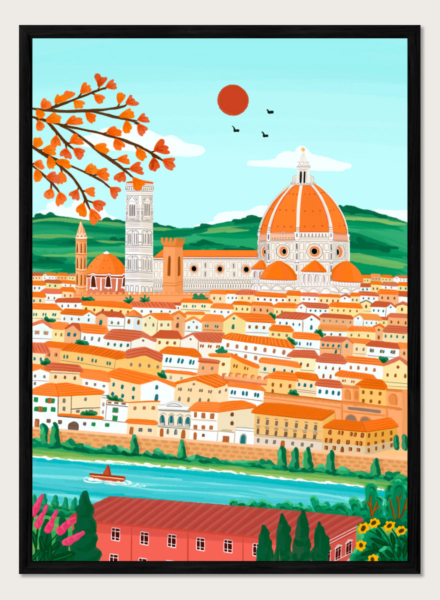 A colorful illustrated cityscape of Florence with the famous dome, towers, clustered buildings, a river, trees, and a red sun in the sky. Shop Florence Autumn Glow by Nidhi Kachhadiya, a colorful Florence wall art print featuring the Duomo, terracotta rooftops, autumn leaves, and warm orange tones.