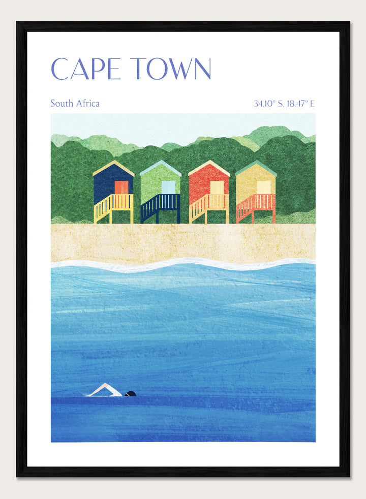 Illustration of beach huts by the sea with 'Cape Town, South Africa' text. Cape Town Beach Huts by Longwayhome is a minimalist coastal art print featuring colorful beach cabins, ocean scenery, and modern travel inspired design.